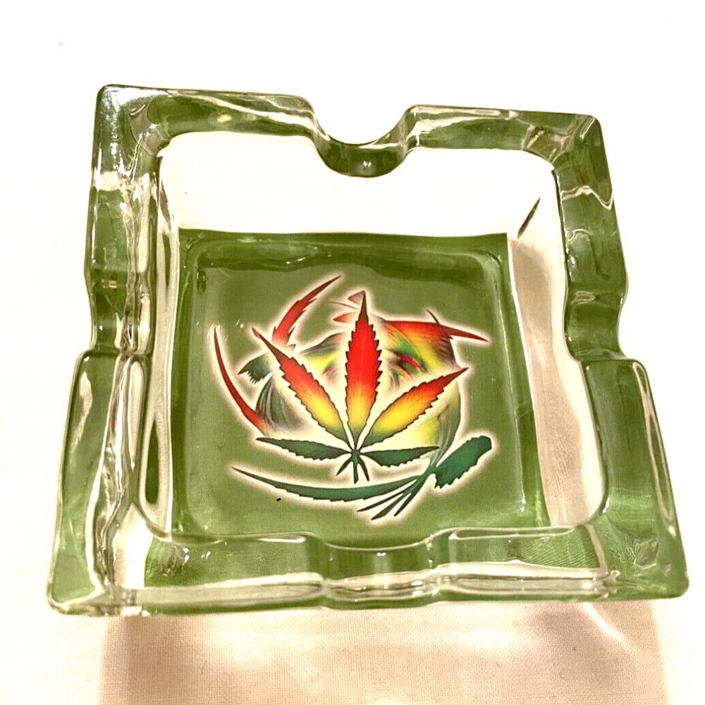 Cannabis Leaves glass Ashtray 3 1/2" wide x 1 1/2" tall x 1/2" thick glass